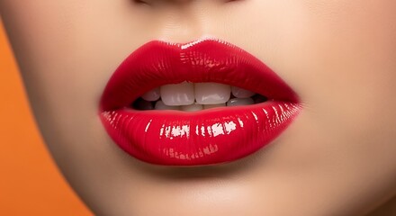 Fototapeta premium Close-up of Glossy Red Lips with Perfect Lipstick Application.