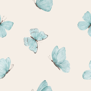 Seamless blue butterfly pattern with soft watercolor texture. Light airy insects create a delicate design and perfect for fabric or wallpaper.
