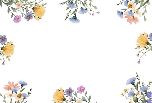 Watercolor wildflower frame with soft pastel floral corners. Elegant botanical border feels light and romantic and ideal for invitations or prints.