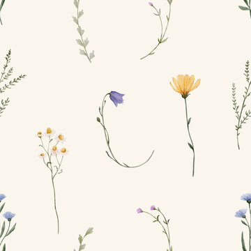 Seamless watercolor wildflower pattern with delicate meadow elements. Soft botanical design feels airy and natural and perfect for textile or wallpaper.