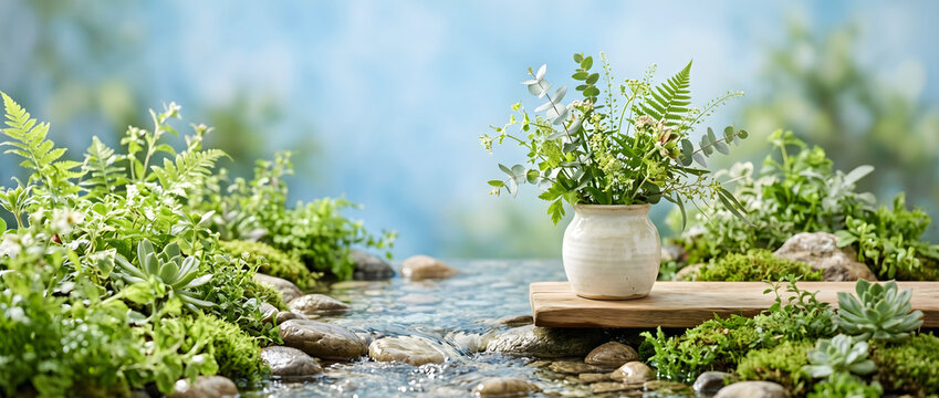 A celadon ceramic vase with green plants placed on a wooden platform beside a clear stream
