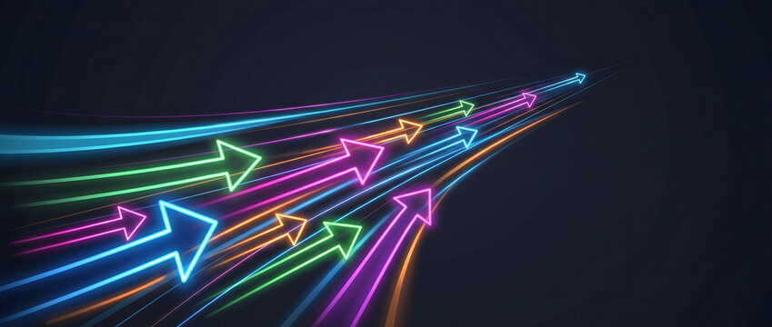 Neon arrow light trails dynamically converging in a futuristic tech-inspired composition