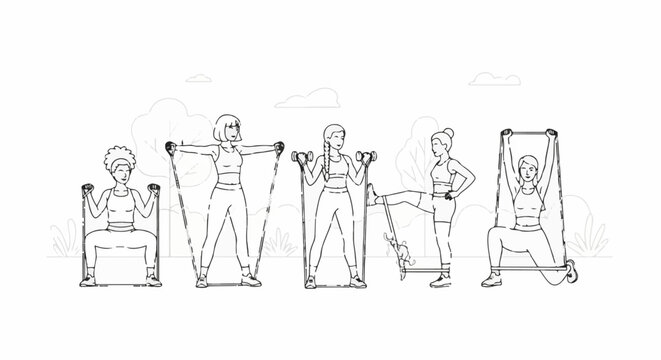 Five women in activewear performing various resistance band exercises outdoors