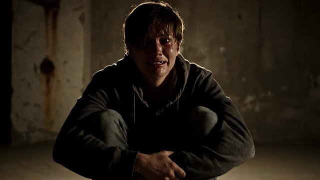 Despair and loneliness. Man crouching alone in dark room.