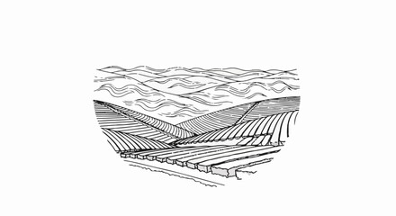 Obraz premium Stylized black and white drawing of rolling hills with layered fields