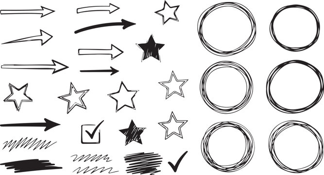 Hand drawn doodle sketch style circle, cloud speech bubble grunge element set. Sketch line arrow element, star, heart shape. Arrow, star, heart brush decoration.