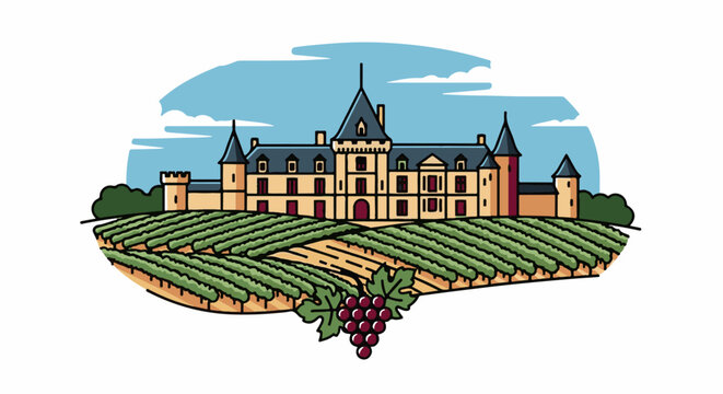 A chateau with vineyards and grapes sits under a cloudy sky