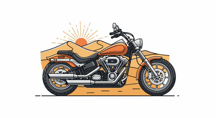 Obraz premium Orange motorcycle rides through a desert landscape under a bright sun