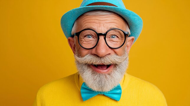 Bright yellow background contrasts with turquoise hat and bow tie. Senior man with glasses, white beard, and joyful expression. He smiles widely, eyes wide, exuding happiness and cheerfulness