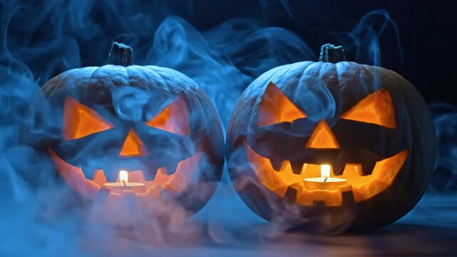 Spooky carved pumpkins with lit candles and billowing blue smoke for Halloween night decorations