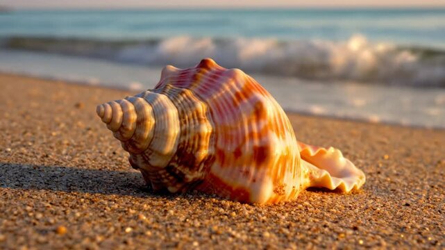 Beautiful seashell illuminated by the golden sunlight on a sandy beach with gentle ocean waves in the background.