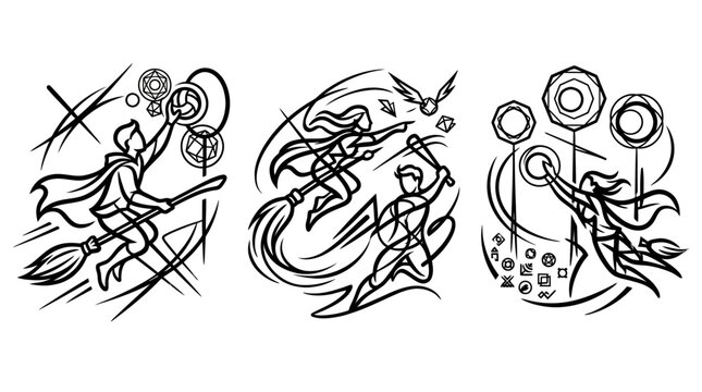 Dynamic Black and White Illustrations of Quidditch Players in Action.