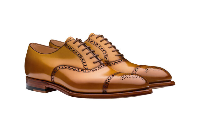 Shiny brown leather oxford brogue shoes with dark laces, isolated on transparent background