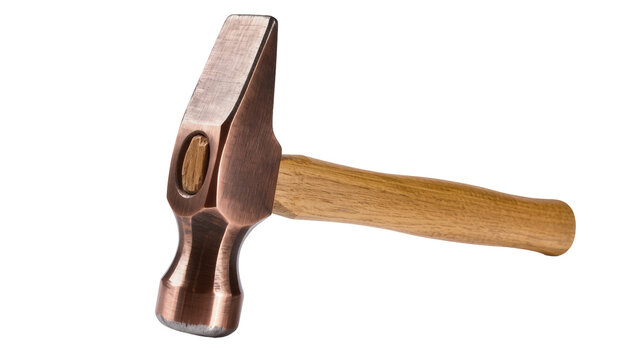 Copper ball-peen hammer with wooden handle, isolated on transparent background