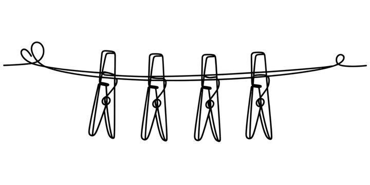 Continuous line drawing of four wooden clothespins hanging on a thin wire clothesline Vector, illustration