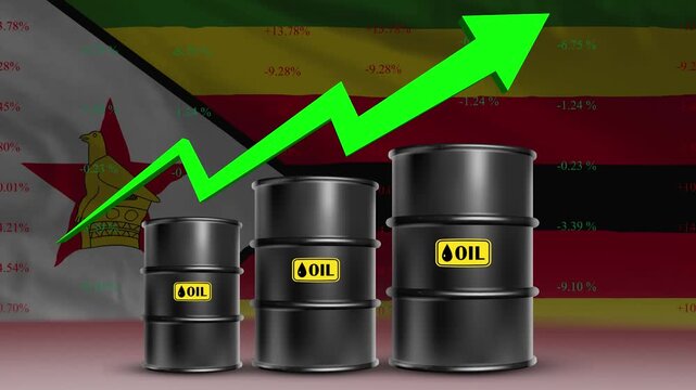 Zimbabwe flag with oil barrels and green upward arrow rising crude prices economic growth
