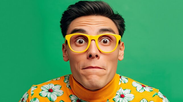 Man wears bright yellow glasses and floral shirt. He gazes wide-eyed, showing playful surprise. Green backdrop makes colors pop and stand out. Ideal for funny, quirky, or humorous visual content