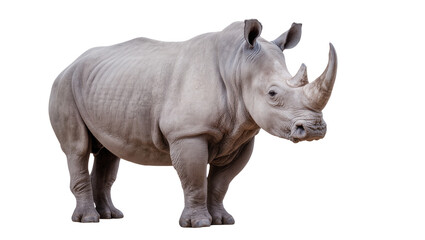 Naklejka premium Large grey rhinoceros with a prominent horn, isolated on transparent background