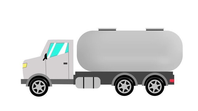 A silver industrial tanker truck drives across a green screen background in a clean flat vector animation style.