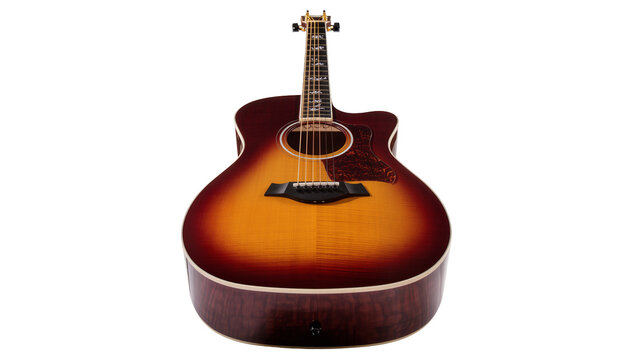 Sunburst acoustic guitar with cutaway and pickguard, isolated on transparent background