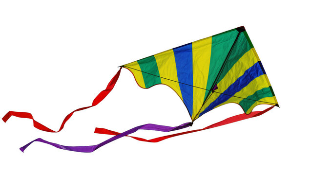 Colorful striped kite with red and purple streamers, isolated on transparent background