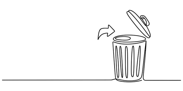 Continuous line drawing of an open trash can with an arrow pointing inside for waste disposal Vector, illustration