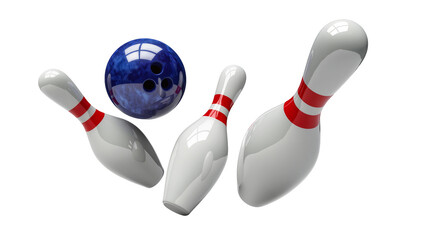 Three white bowling pins with red stripes and a blue bowling ball, isolated on transparent background © Bogdan