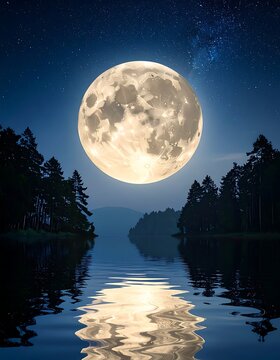 A serene nighttime scene with a large moon over a calm lake (2)