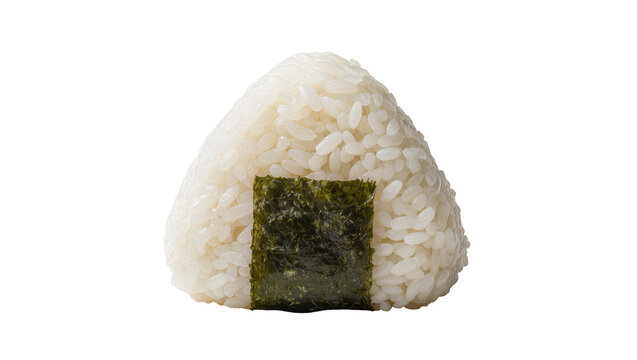 Triangular rice ball with dark green nori seaweed wrapper, isolated on transparent background