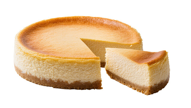 Golden baked cheesecake with a graham cracker crust slice removed, isolated on transparent background