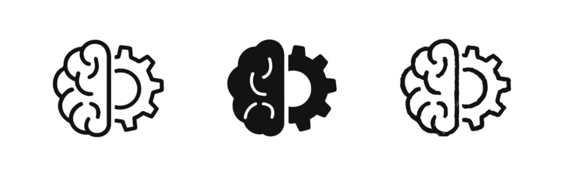 Brain and gear combination icon set symbolizing logical thinking and technical intelligence