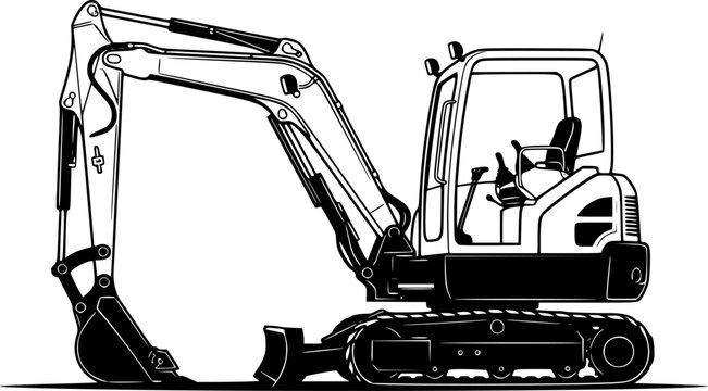 Black and White Vector Illustration of a Mini Excavator
