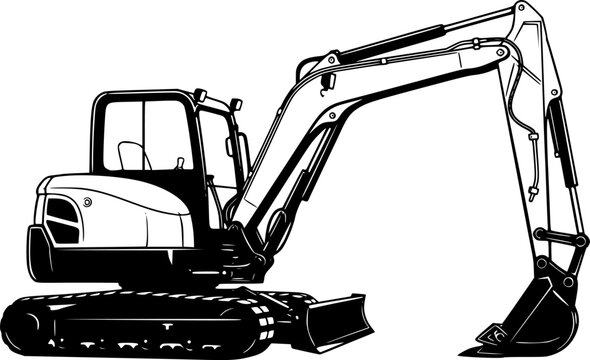 Black and White Vector Illustration of a Mini Excavator
