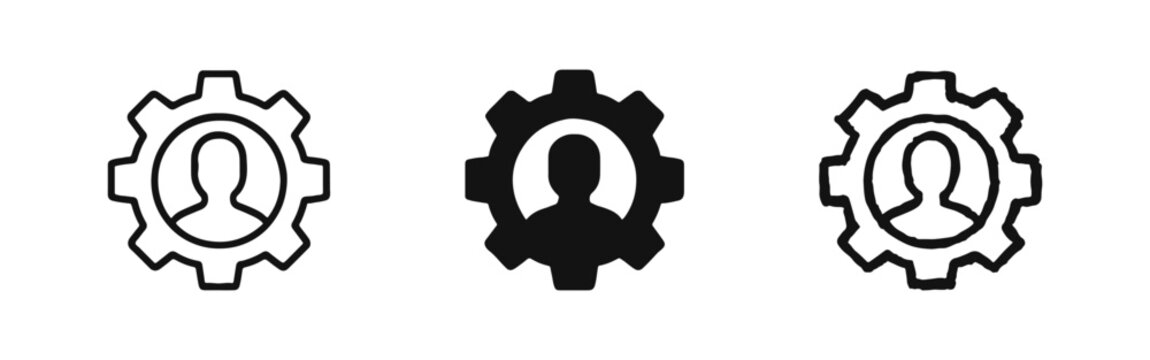 Human resource management icon set featuring person silhouette inside a mechanical gear