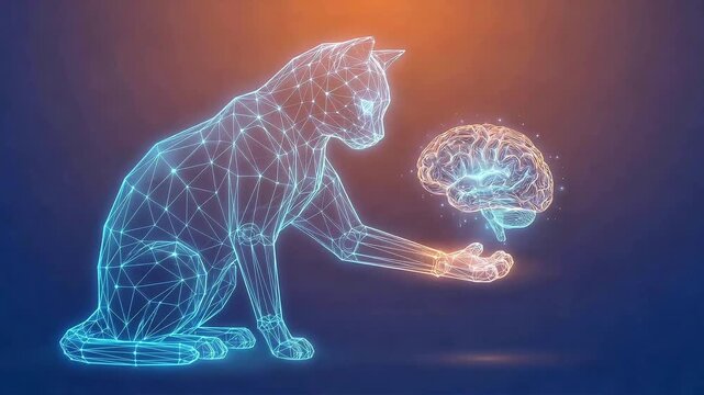Artificial Intelligence Appreciation Day Digital Brain and Wireframe Cat Video Loop