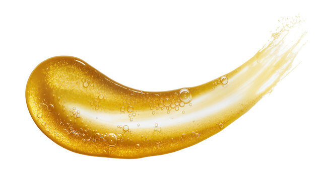 Golden cosmetic gel smear with tiny bubbles, isolated on transparent background