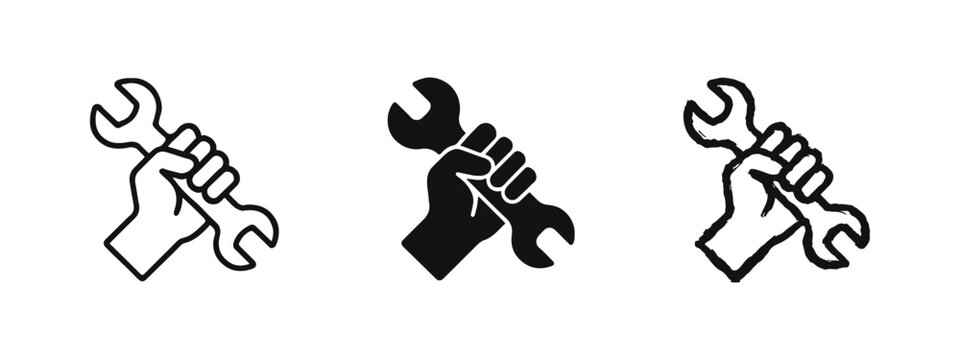 Hand holding wrench icon set representing manual labor repair and technical empowerment