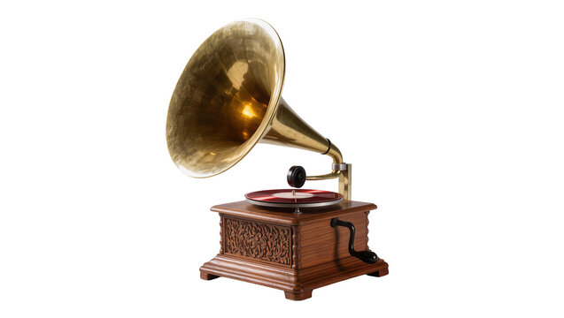 Antique gramophone with brass horn and wooden base, isolated on transparent background