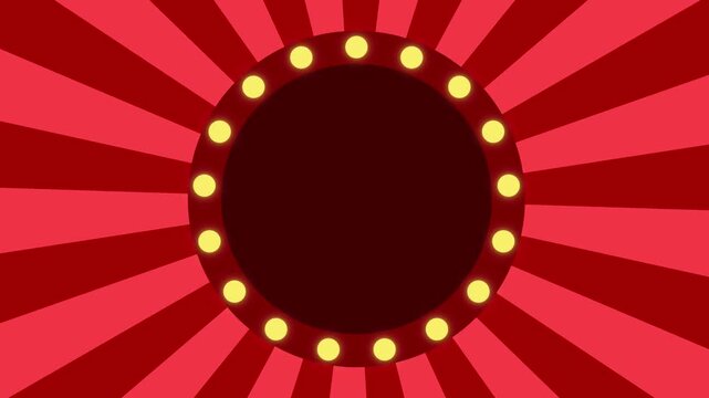 A vintage red sunburst background rotates behind a circular marquee frame with chasing yellow light bulbs and central copy space.