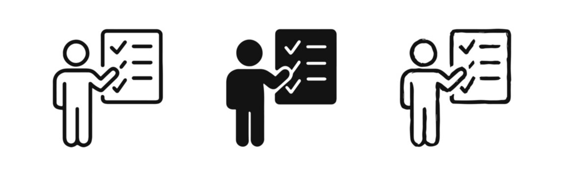 Task management icon set with person pointing at a checklist for planning and compliance