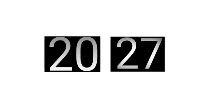 A mechanical split-flap display fast-forwards through the years and stops on 2027 against a white background.