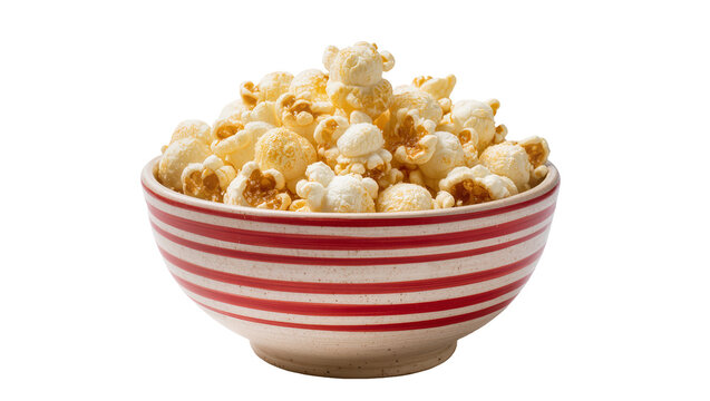 Red and white striped bowl overflowing with fluffy popcorn, isolated on transparent background