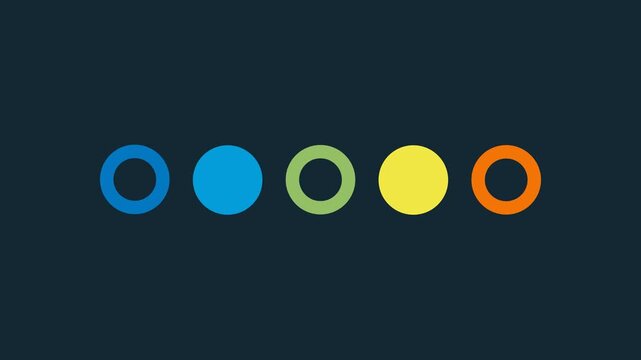 Minimalist motion graphics animation of colorful circles bouncing and transitioning on a dark background. Smooth loading or transition element for video projects and digital presentations