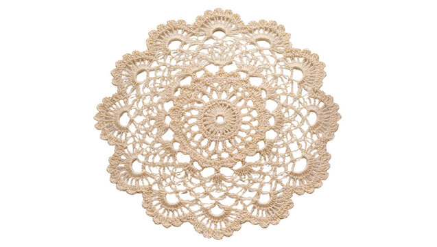 Delicate beige crocheted doily with intricate floral pattern, isolated on transparent background