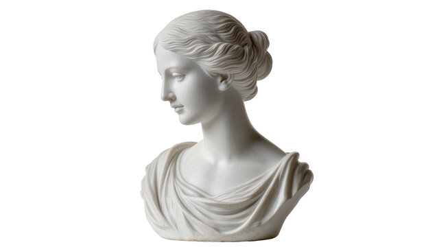 Classical white marble bust of a woman with elegant drapery, isolated on transparent background