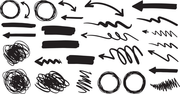 Hand drawn doodle sketch style circle, cloud speech bubble grunge element set. Sketch line arrow element, star, heart shape. Arrow, star, heart brush decoration.