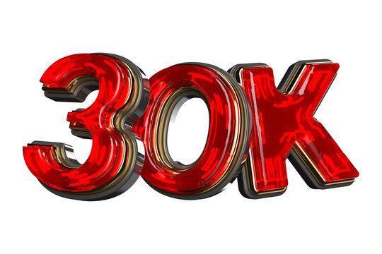 30k subscribers celebrating success, likes and followers achievement, 3d render gold text