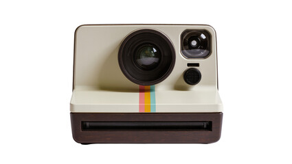 Retro cream instant camera with colorful stripes, isolated on transparent background © Bogdan
