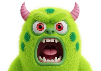 Naklejka premium Furry green monster with large red eyes screams with an open mouth.