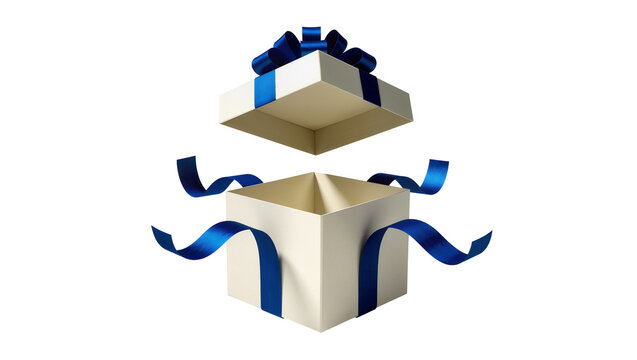 Open cream gift box with blue ribbon and bow, isolated on transparent background